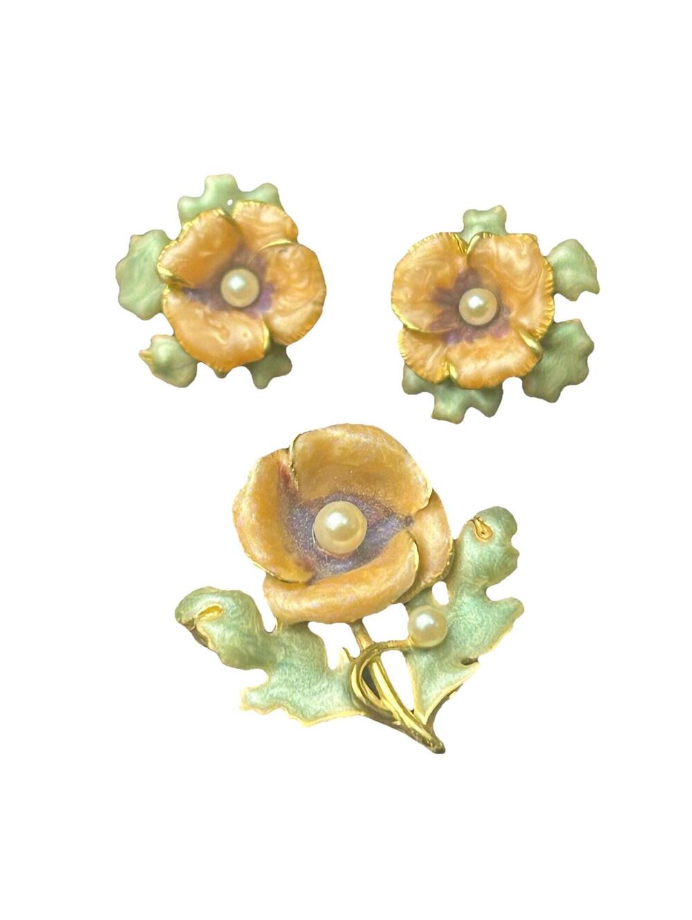 VTG Joan Rivers Gold Tone Peach Green Enamel Floral Brooch & Stud Earrings Sign